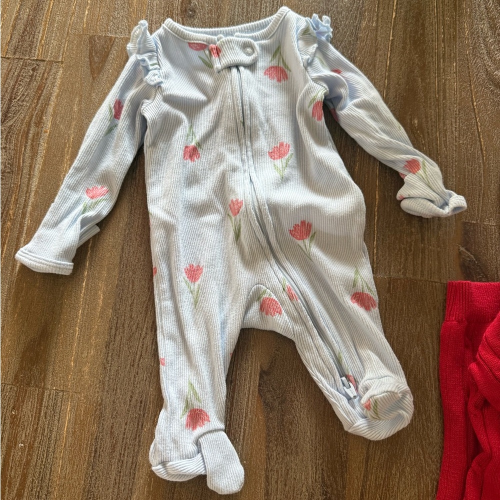 Baby Floral Footed One-Piece Zip Romper - Light Blue with Pink Tulips